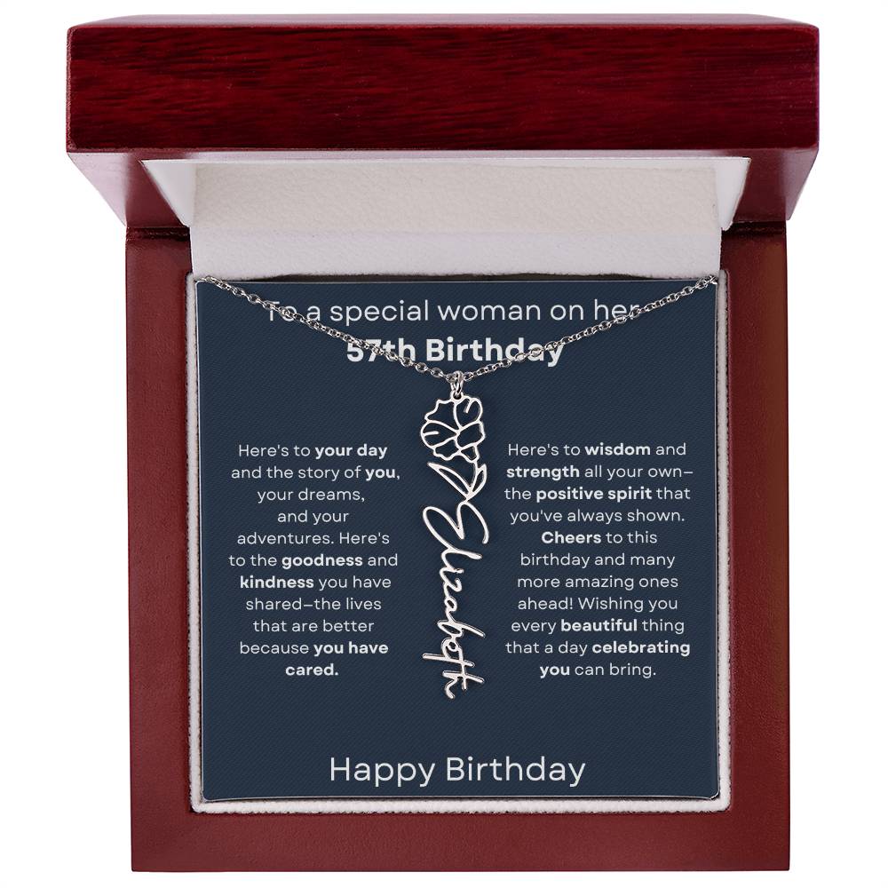 To A Special Woman On Her 57th Birthday - Flower Name Necklace