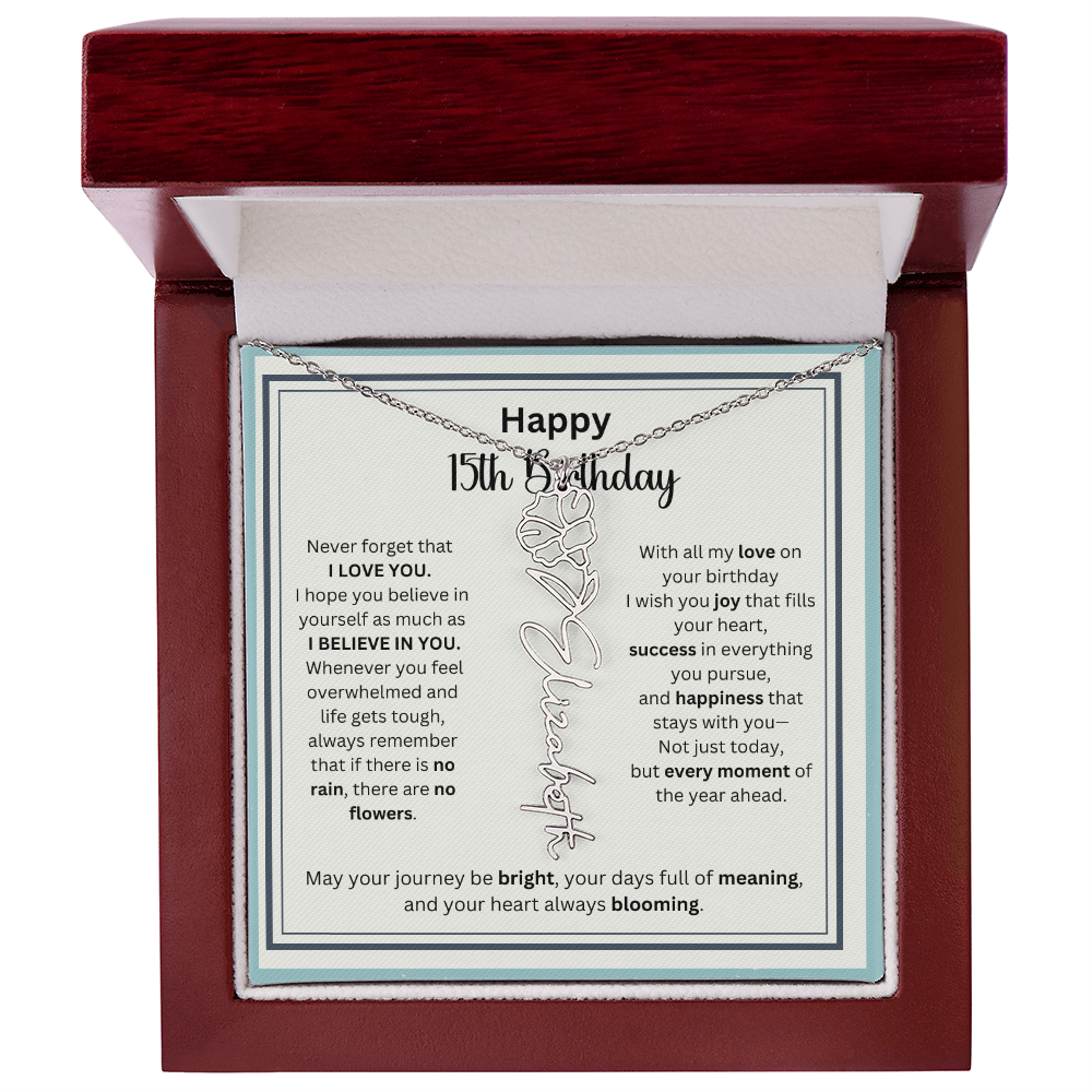 Personalized 15th Birthday Gift for Her - Birth Flower Necklace with Card