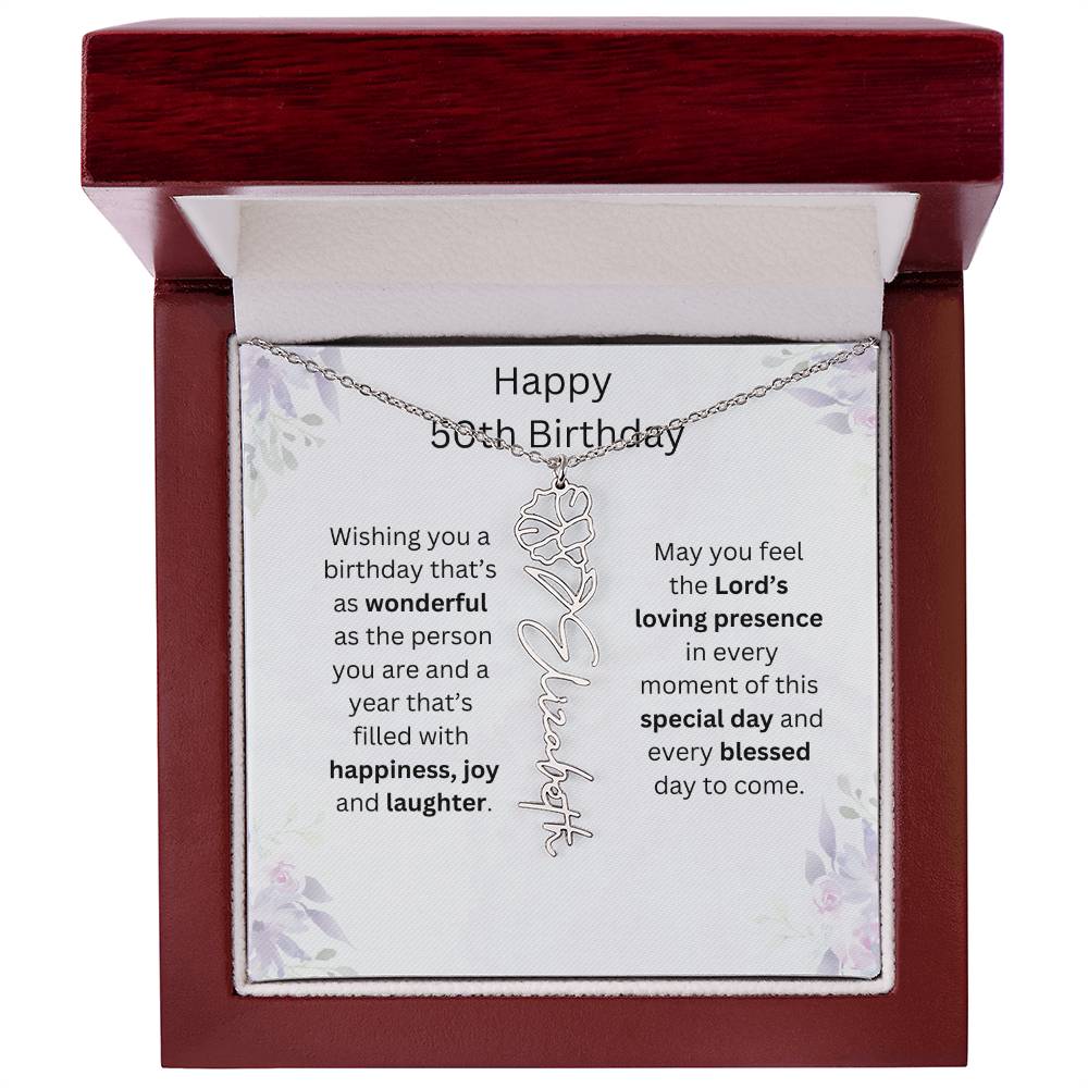 Wishing You Happiness, Joy & Laughter - Happy 50th Birthday | Flower Name Necklace