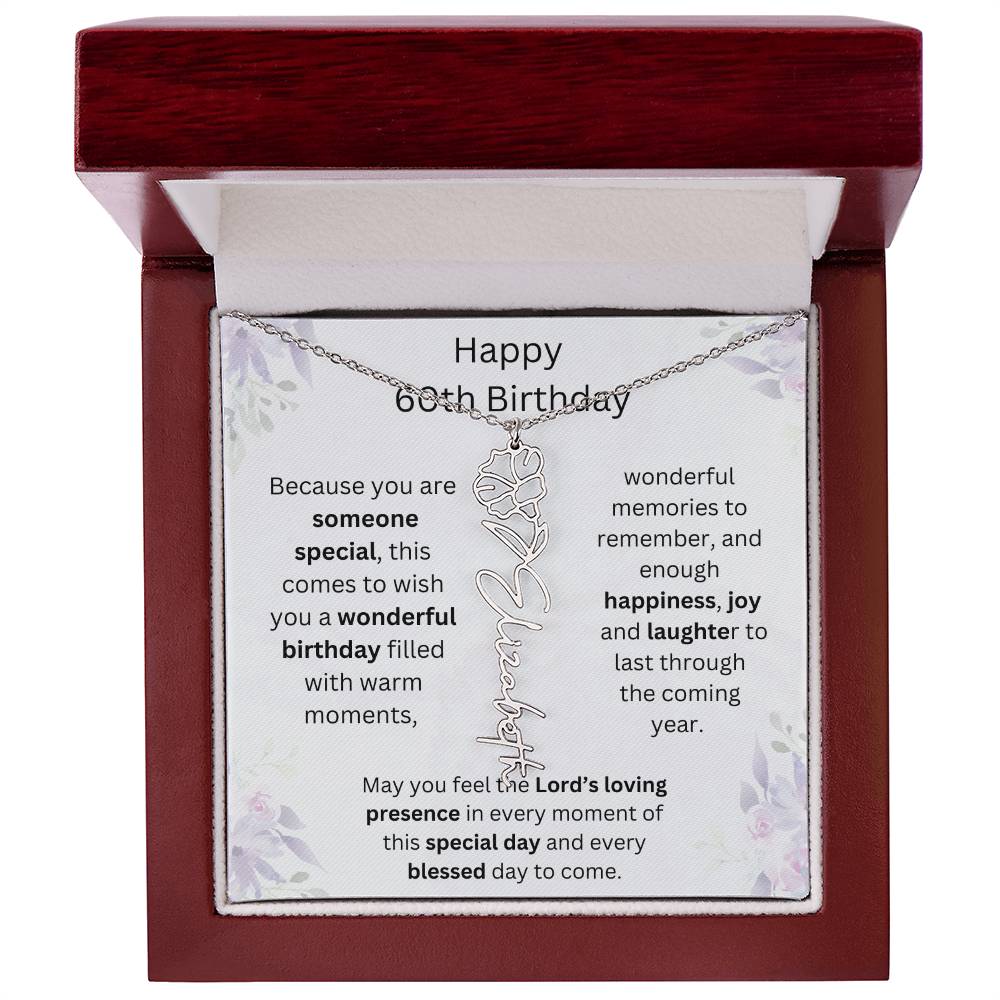Wishing You Happiness, Joy & Laughter - Happy 60th Birthday | Flower Name Necklace