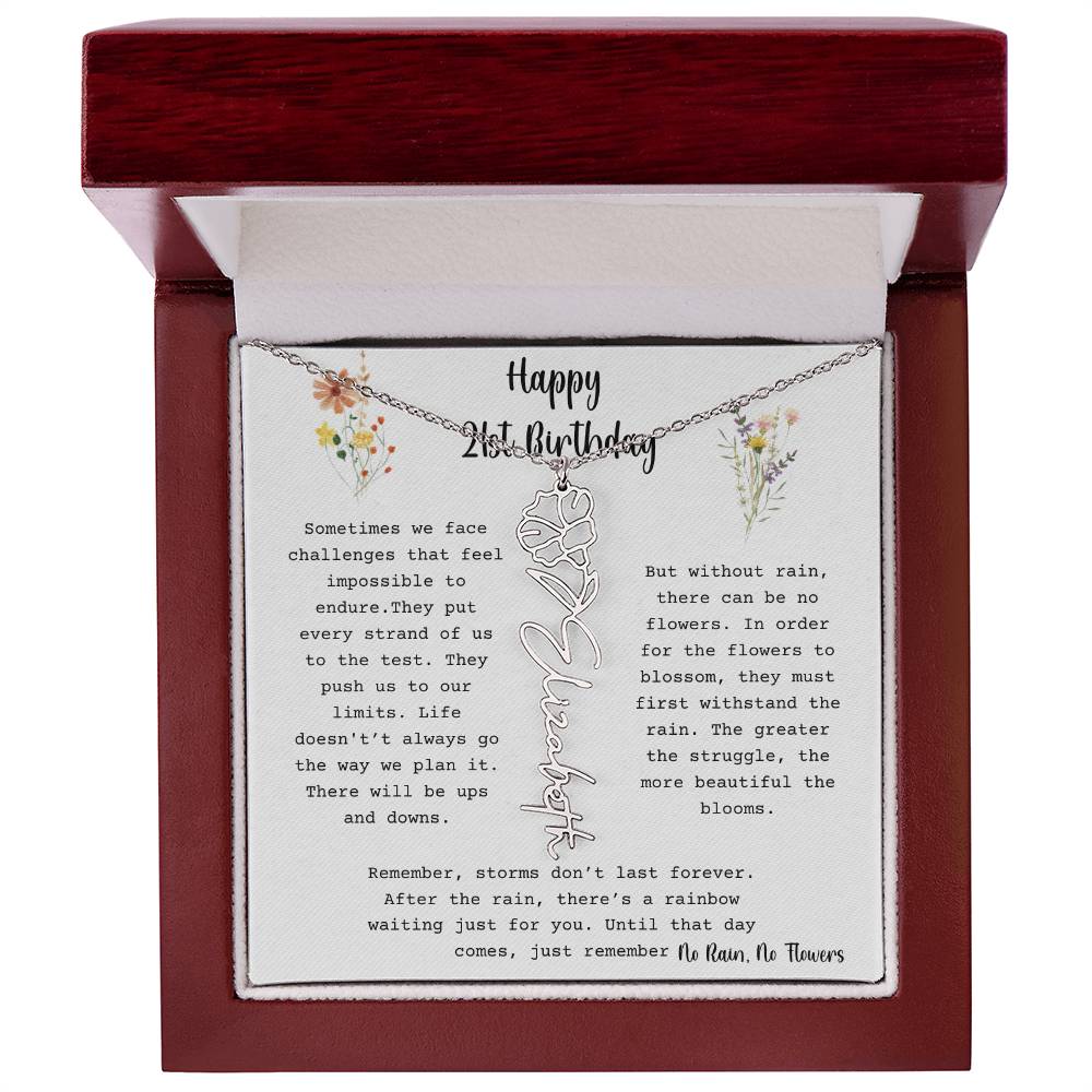 No Rain, No Flowers - Happy 21st Birthday - Flower Name Necklace