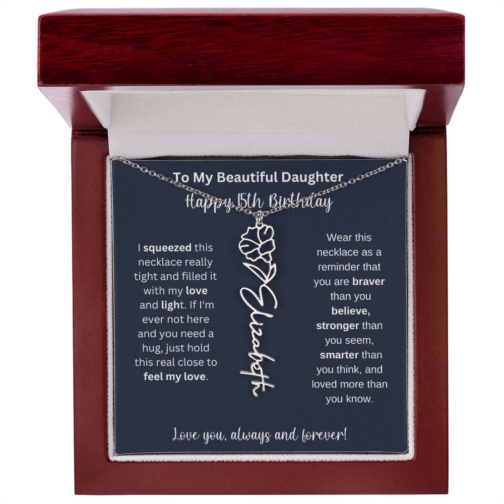 15th Birthday Gift For My Beautiful Daughter | Personalized Flower Name Necklace