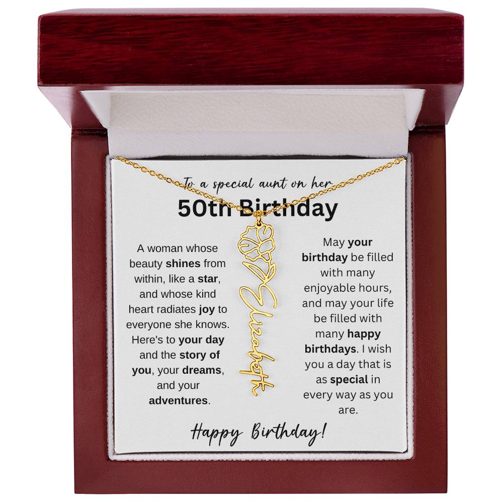 To A Special Aunt Happy 50th Birthday - Flower Name Necklace
