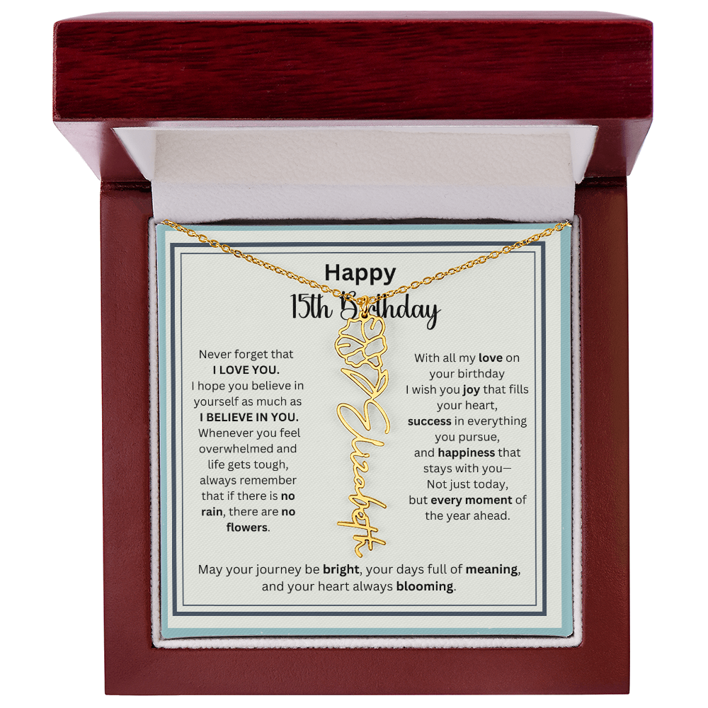 Personalized 15th Birthday Gift for Her - Birth Flower Necklace with Card