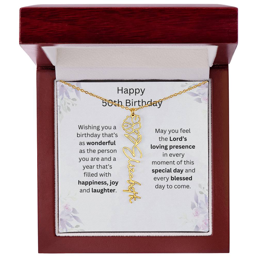 Wishing You Happiness, Joy & Laughter - Happy 50th Birthday | Flower Name Necklace
