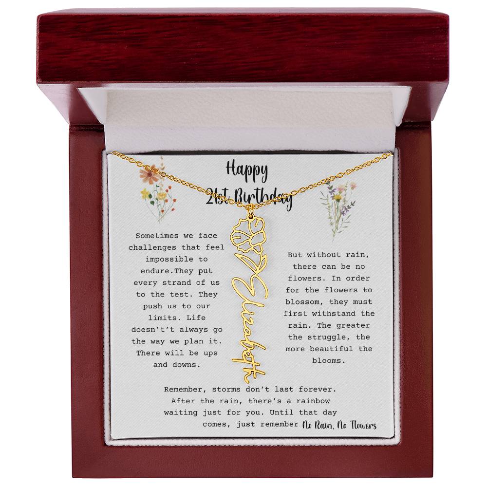 No Rain, No Flowers - Happy 21st Birthday - Flower Name Necklace