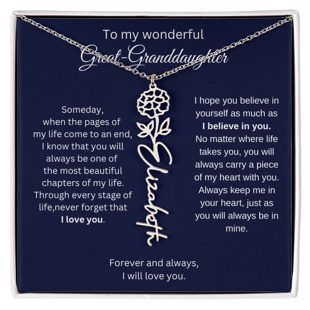 Great Granddaughter Jewelry Gift - Birth Flower Name Necklace