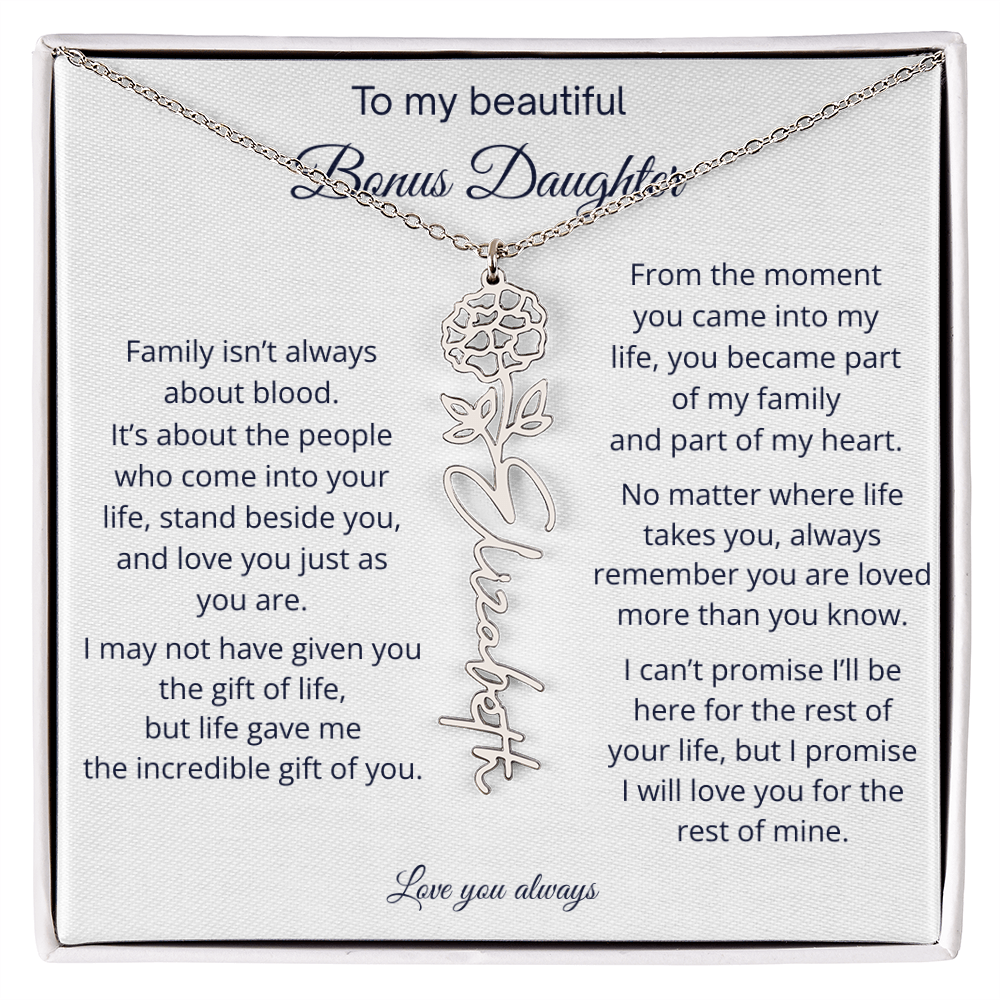 Bonus Daughter Jewelry Gift - Personalized Birth Flower Name Necklace
