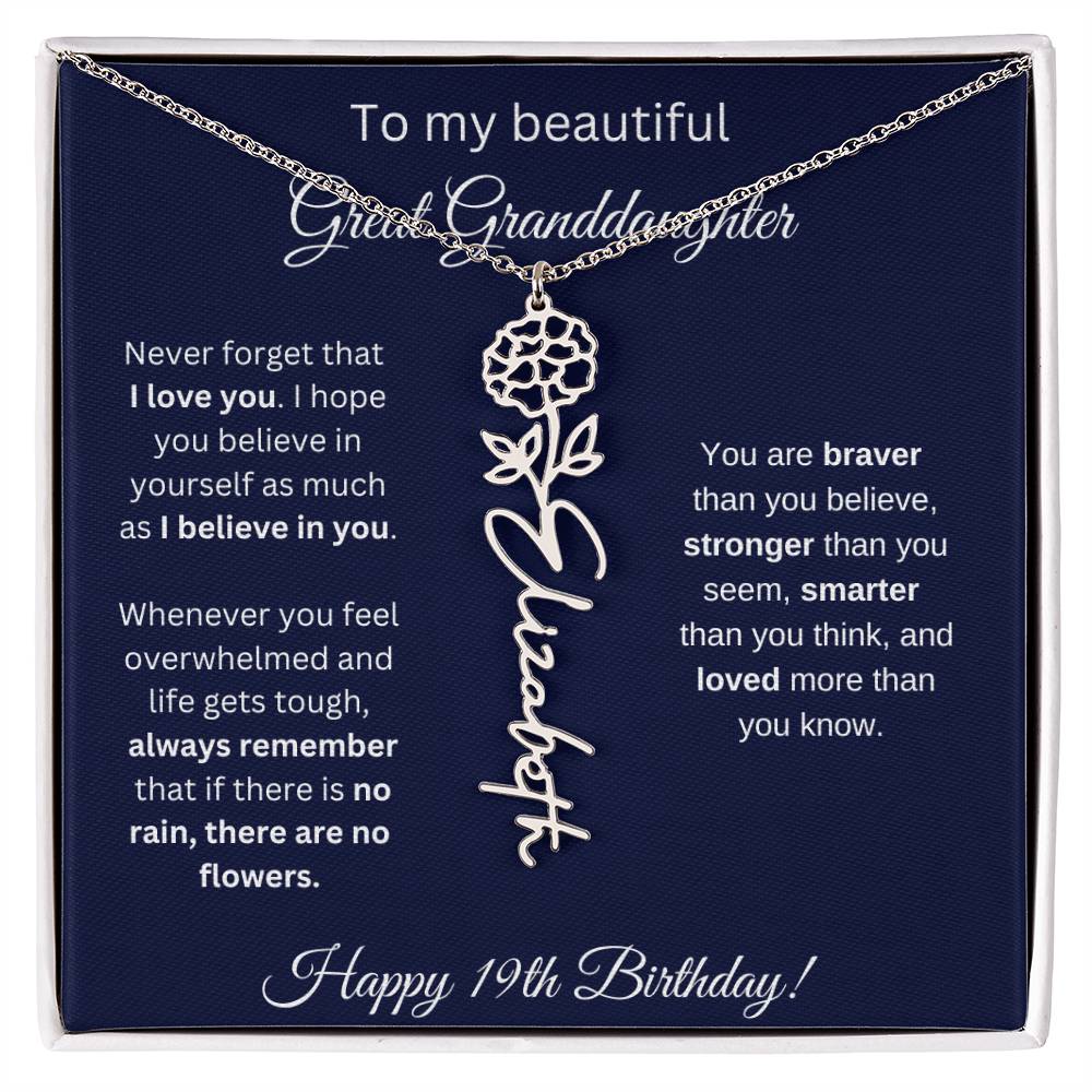 19th Birthday Gift For Great Granddaughter - Birthmonth Flower Name Necklace