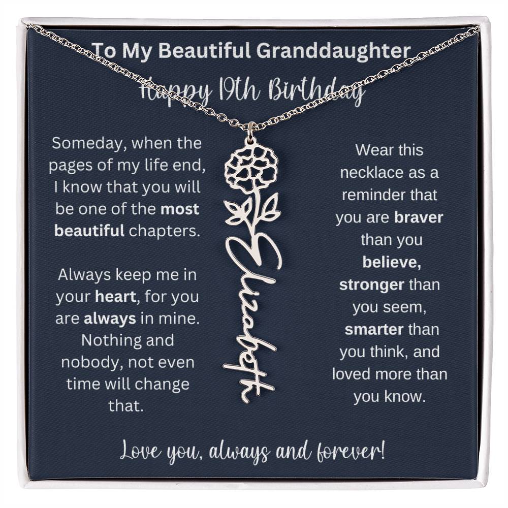 19th Birthday Gift For Granddaughter | Personalized Birth Flower Name Necklace