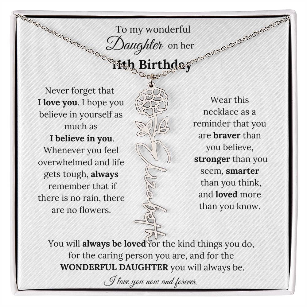 To My Wonderful Daughter On Her 11th Birthday - I Love You - Flower Name Necklace