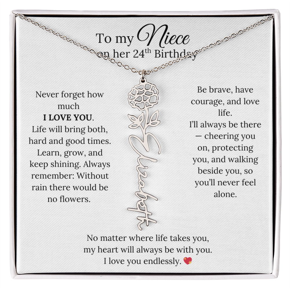 24th Birthday Gift from Aunt - Personalized Birth Flower Name Necklace