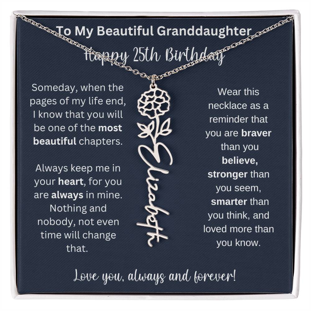25th Birthday Gift For Granddaughter | Personalized Birth Flower Name Necklace