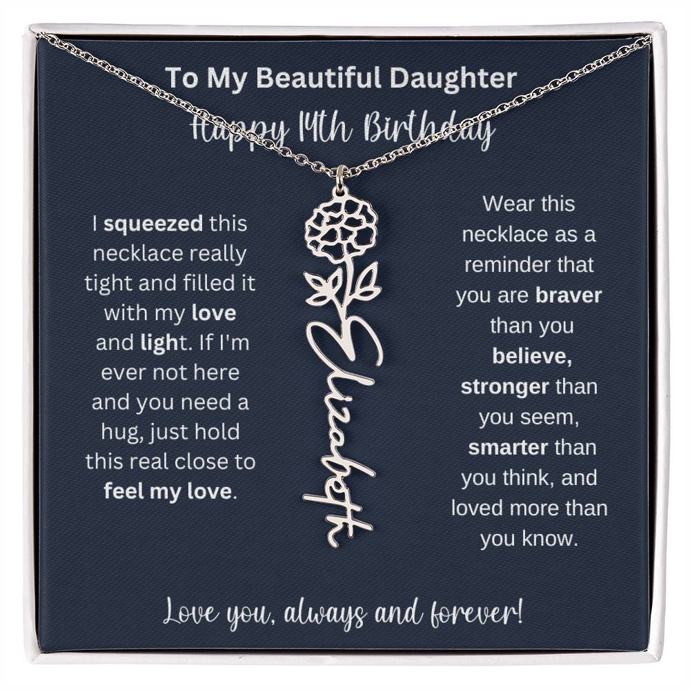 14th Birthday Gift For My Beautiful Daughter | Personalized Flower Name Necklace