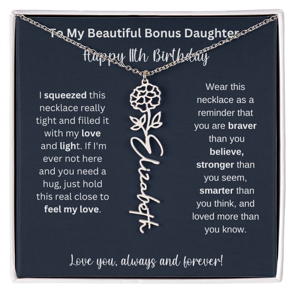 To My Beautiful Bonus Daughter | Happy 11th Birthday | Flower Name Necklace