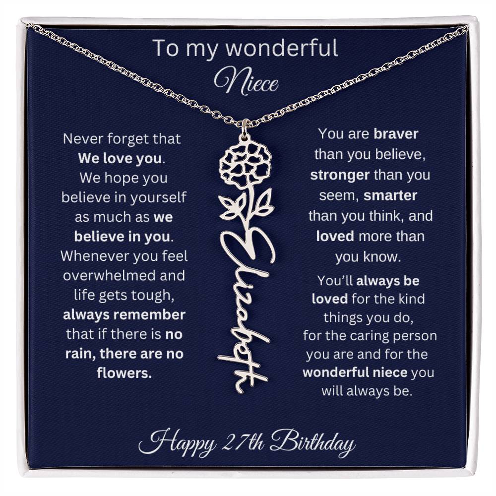 27th Birthday Gift For Niece - Personalized Birthmonth Flower Name Necklace