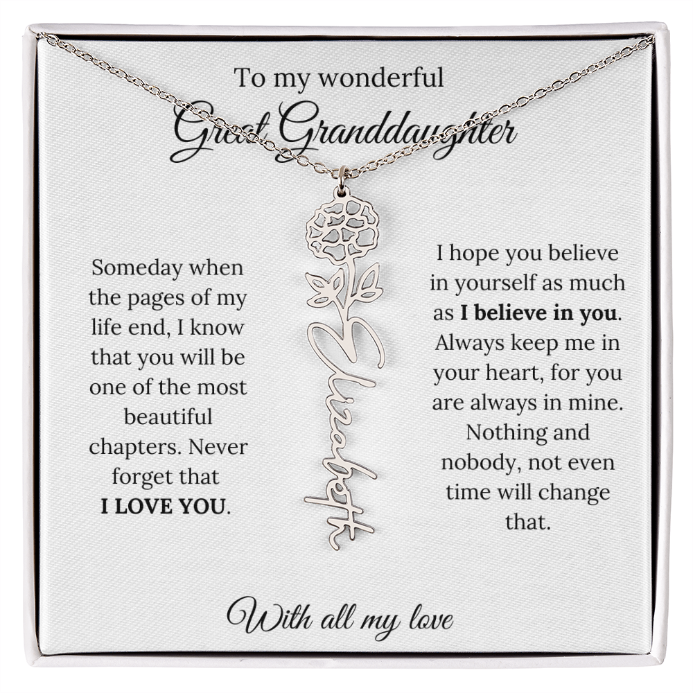 Great Granddaughter Birth Flower Name Necklace – “You Are One of the Most Beautiful Chapters” – Custom Keepsake Jewelry Gift