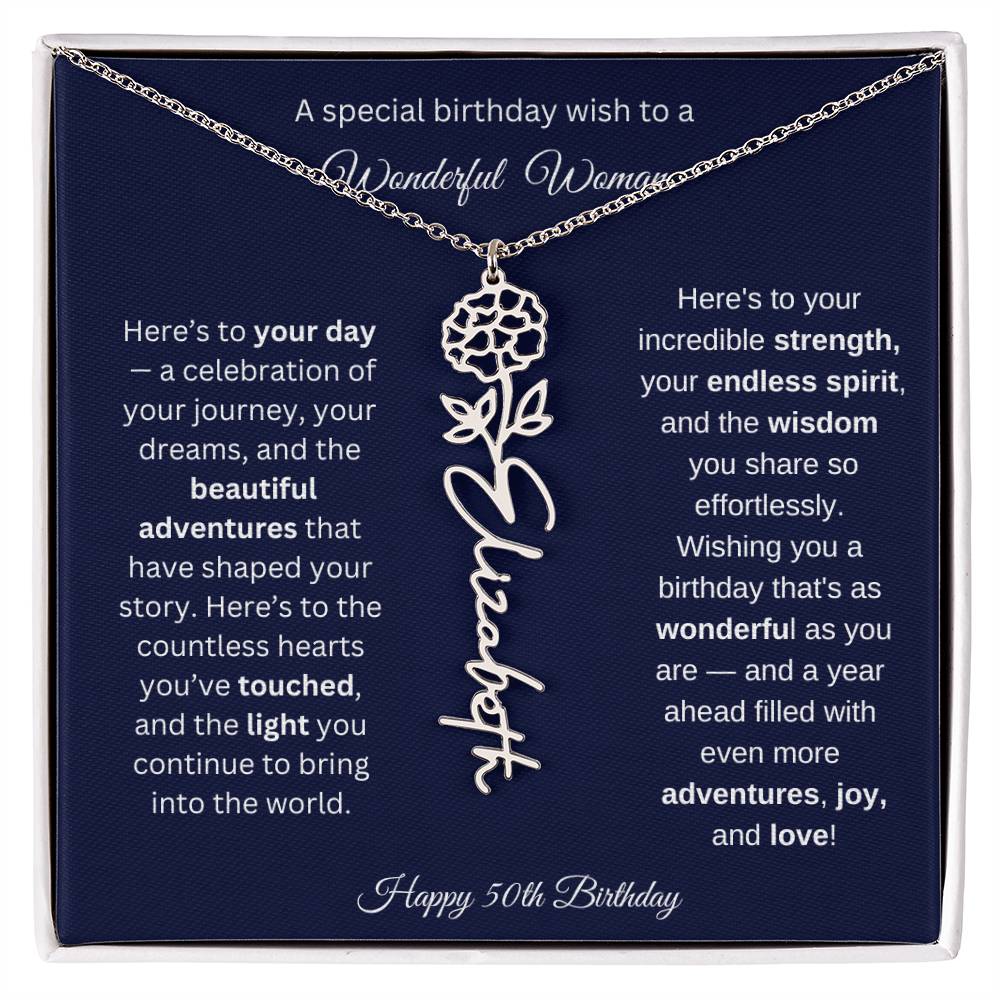 Happy 50th Birthday - Personalized Birth Flower Name Necklace with Message Card