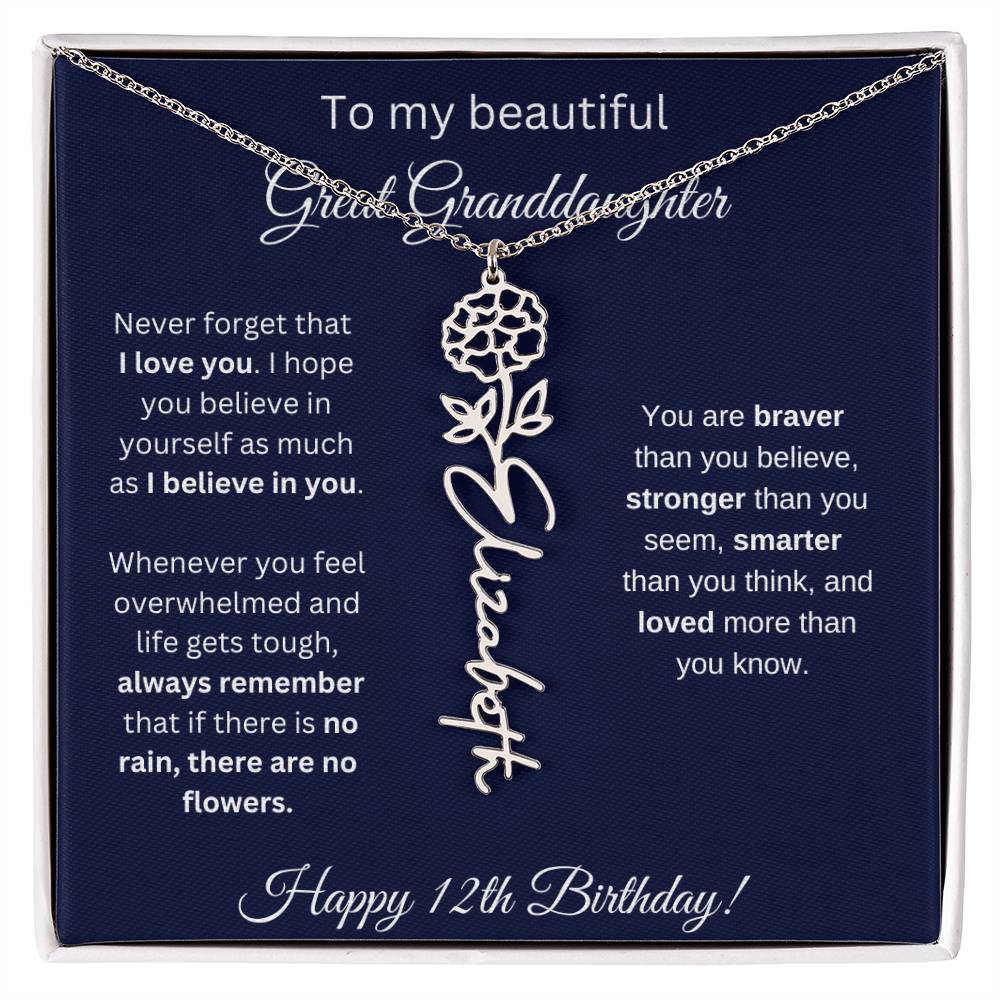 12th Birthday Gift For Great Granddaughter - Birthmonth Flower Name Necklace