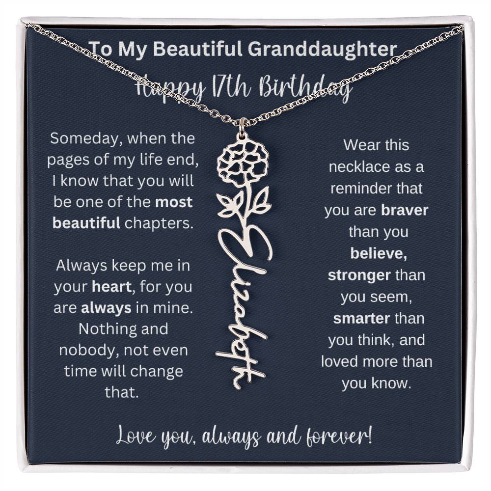 17th Birthday Gift For Granddaughter | Personalized Birth Flower Name Necklace