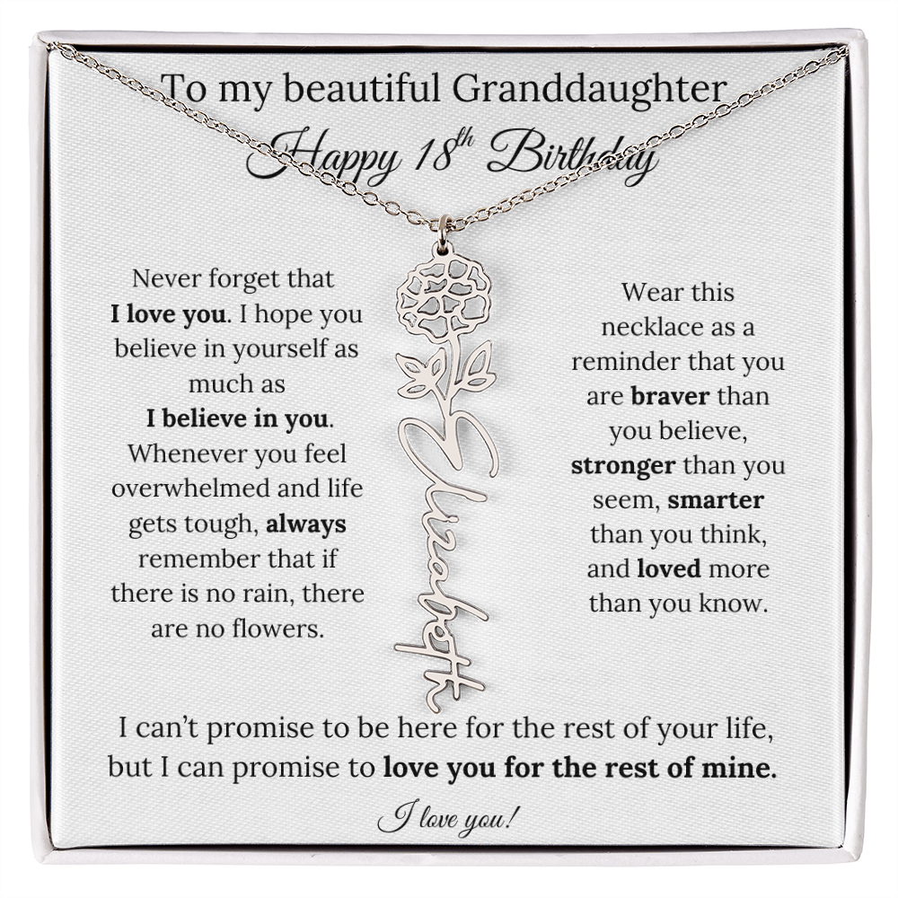18th Birthday Gift for Granddaughter Flower Name Necklace with Message Card