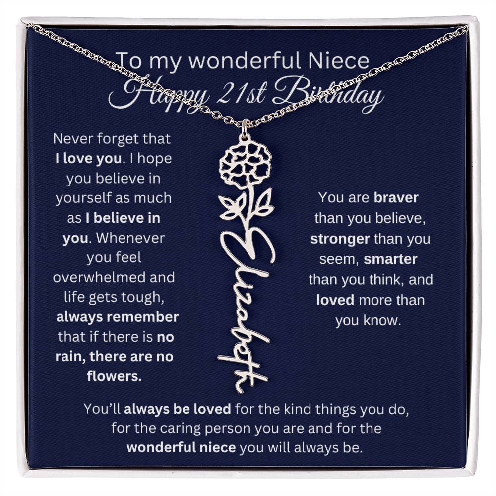 To My Wonderful Niece | Happy 21st Birthday | Flower Name Necklace