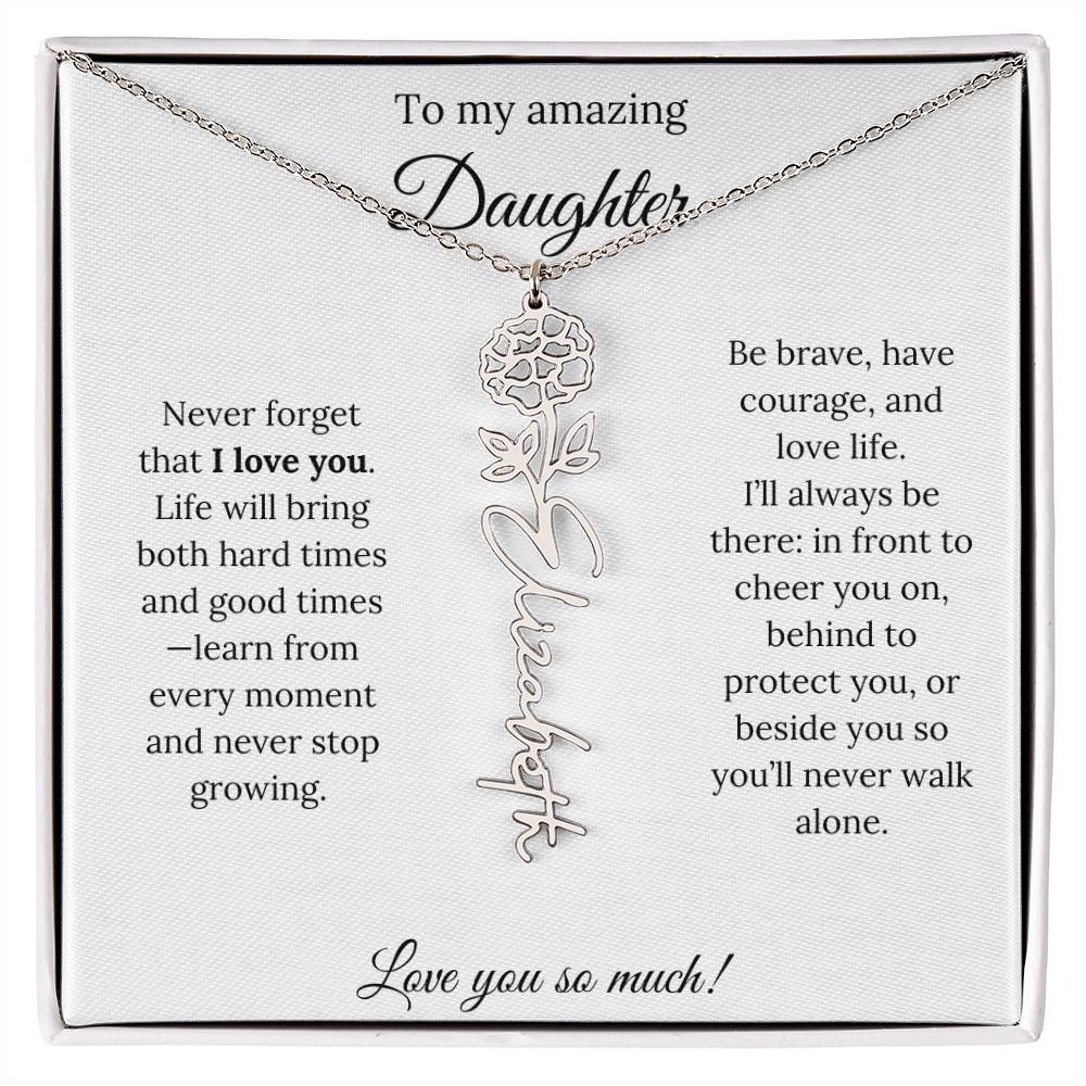 Personalized Daughter Necklace with Birth Flower Name & Inspiring Quote Card