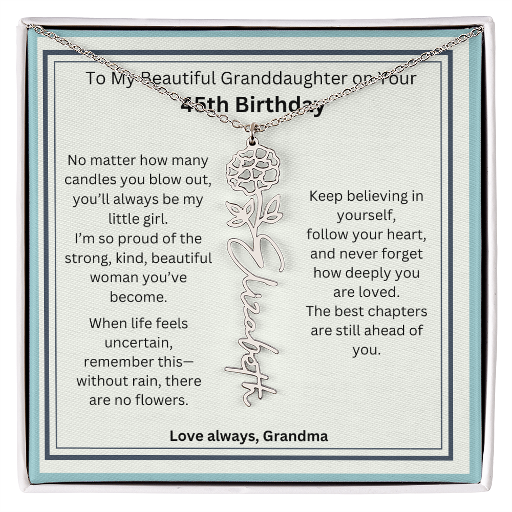 45th Birthday Gift for Granddaughter - Birth Flower Name Necklace