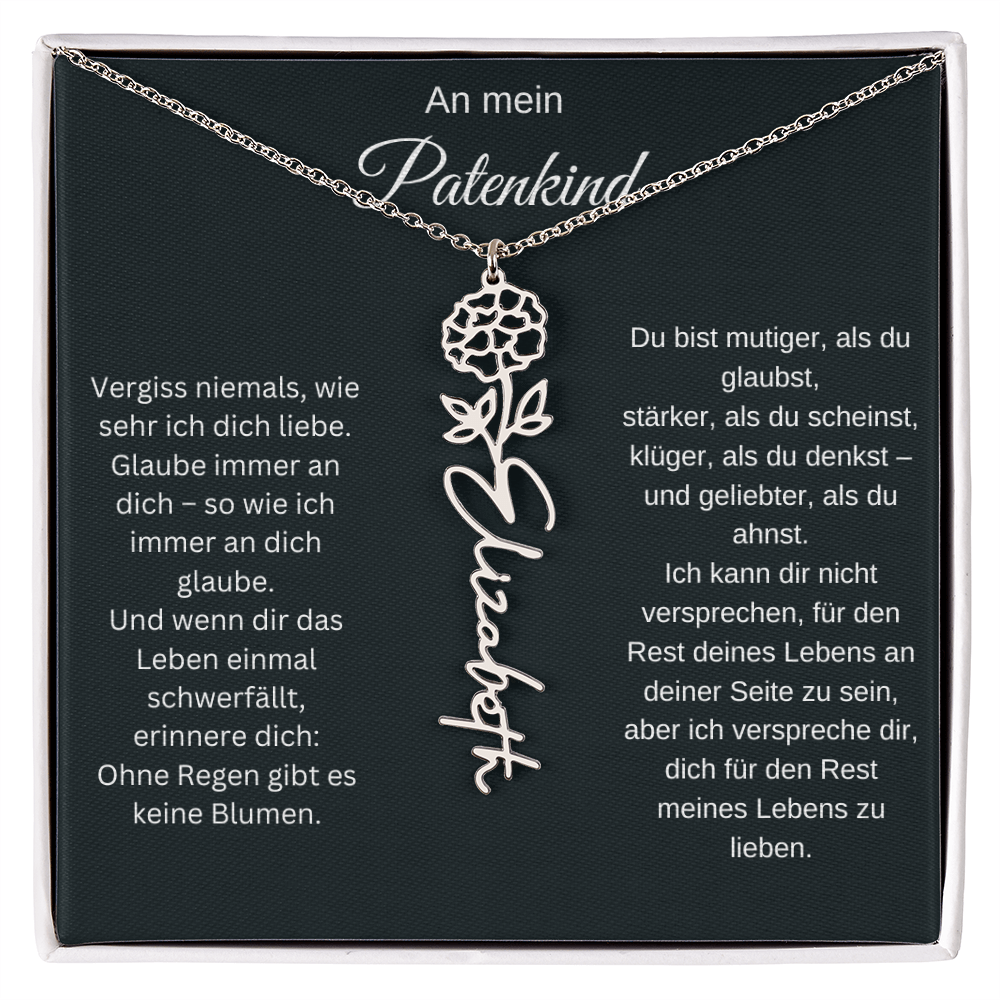 An mein Patenkind Geburtsblume Namenskette Silber Gold personalisierte Gravur