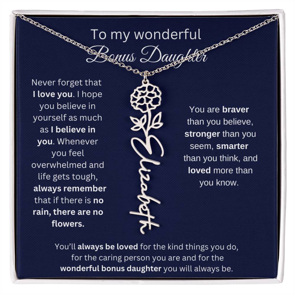 To My Wonderful Bonus Daughter - I Love You - Flower Name Necklace