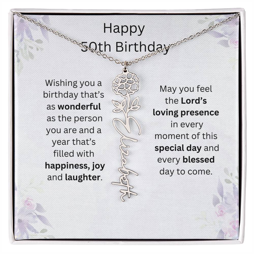 Wishing You Happiness, Joy & Laughter - Happy 50th Birthday | Flower Name Necklace