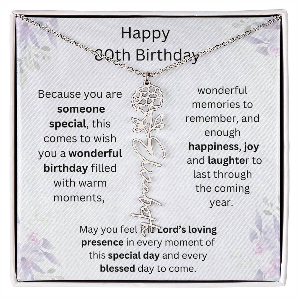 Wishing You Happiness, Joy & Laughter - Happy 80th Birthday | Flower Name Necklace