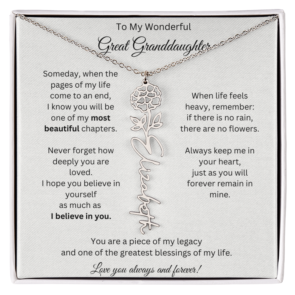 Great Granddaughter Gift - Custom Birth Flower Name Necklace