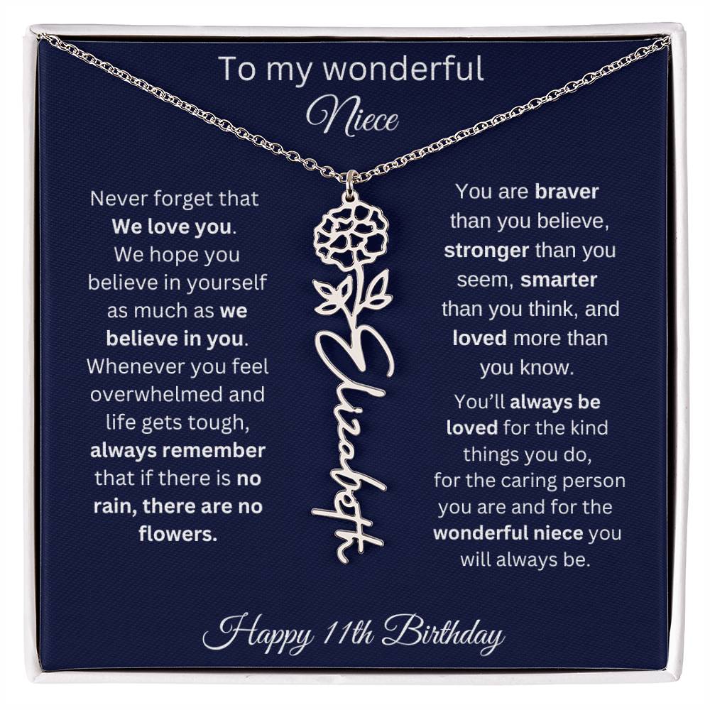 11th Birthday Gift For Niece - Personalized Birthmonth Flower Name Necklace