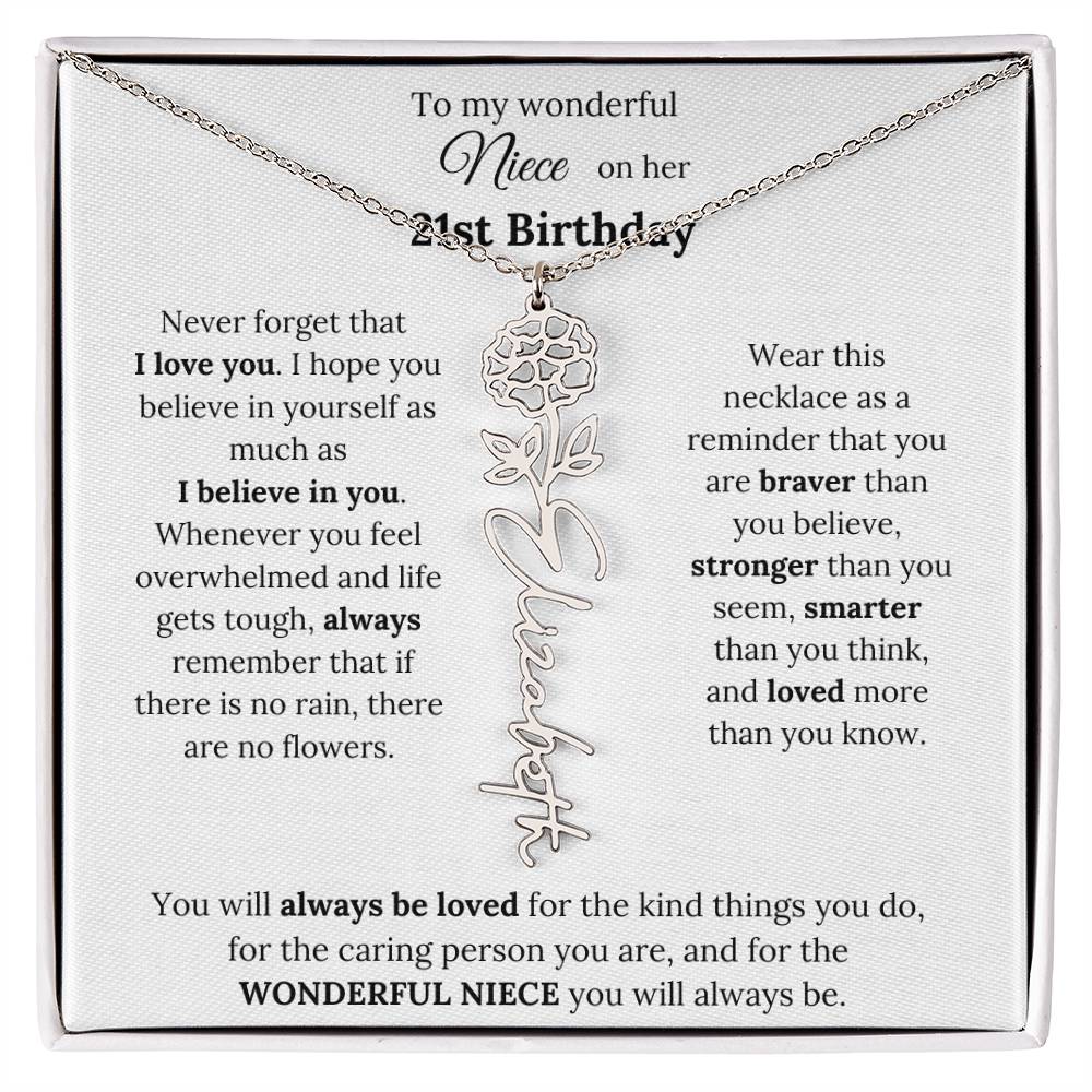 To My Wonderful Niece Happy 21st Birthday | Flower Name Necklace