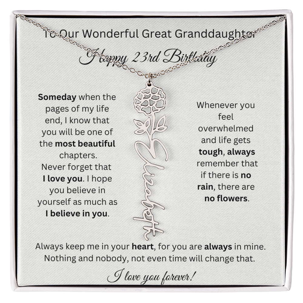 Birthflower Name Necklace To My Great Granddaughter's 23rd Birthday