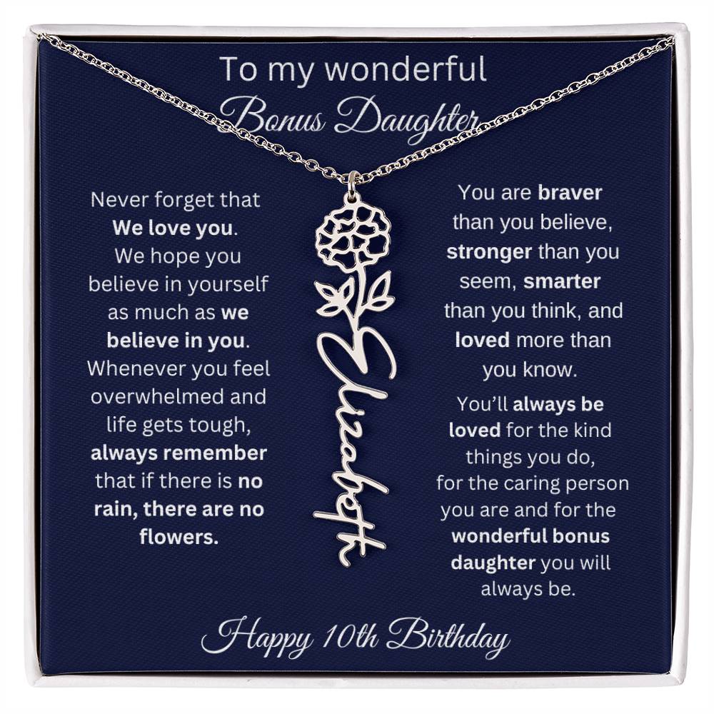 10th Birthday Gift For Bonus Daughter - Personalized Birthmonth Flower Name Necklace