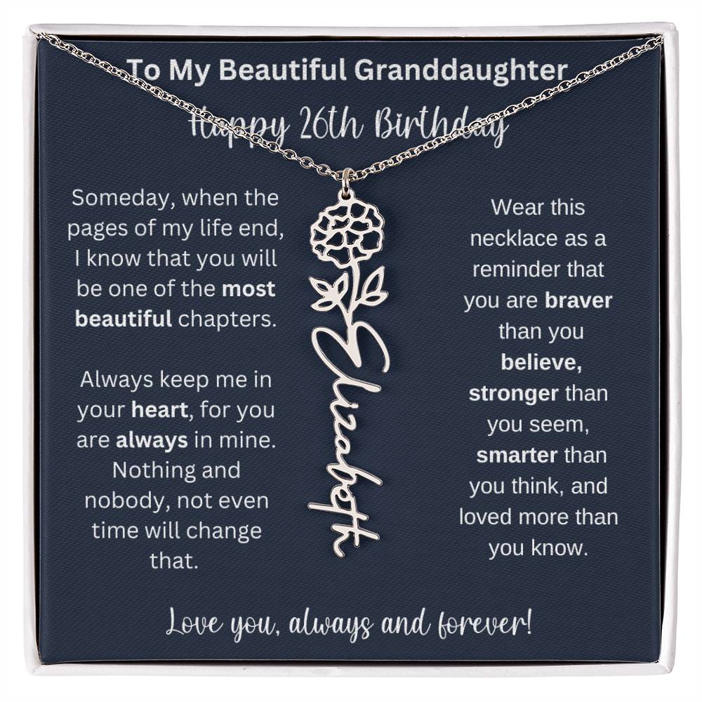 26th Birthday Gift For Granddaughter | Personalized Birth Flower Name Necklace