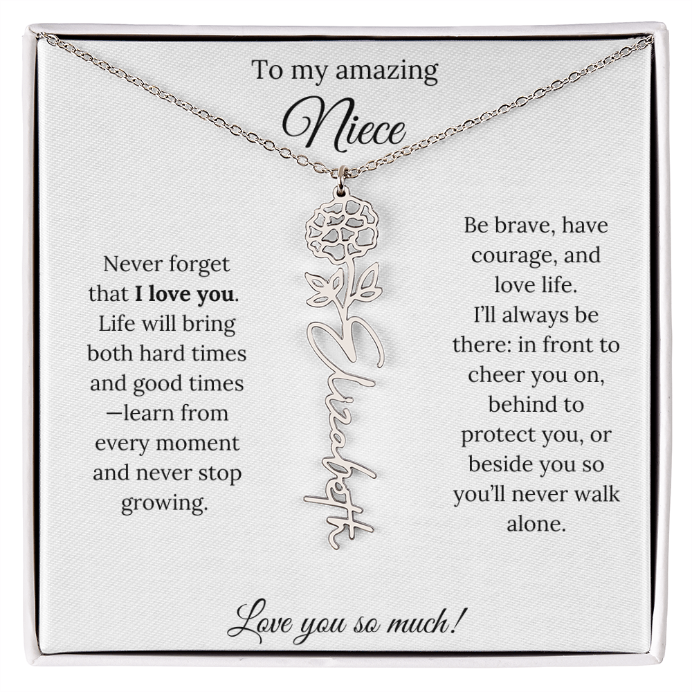 Niece Gift – Birth Flower Name Necklace + Inspiring Message Card