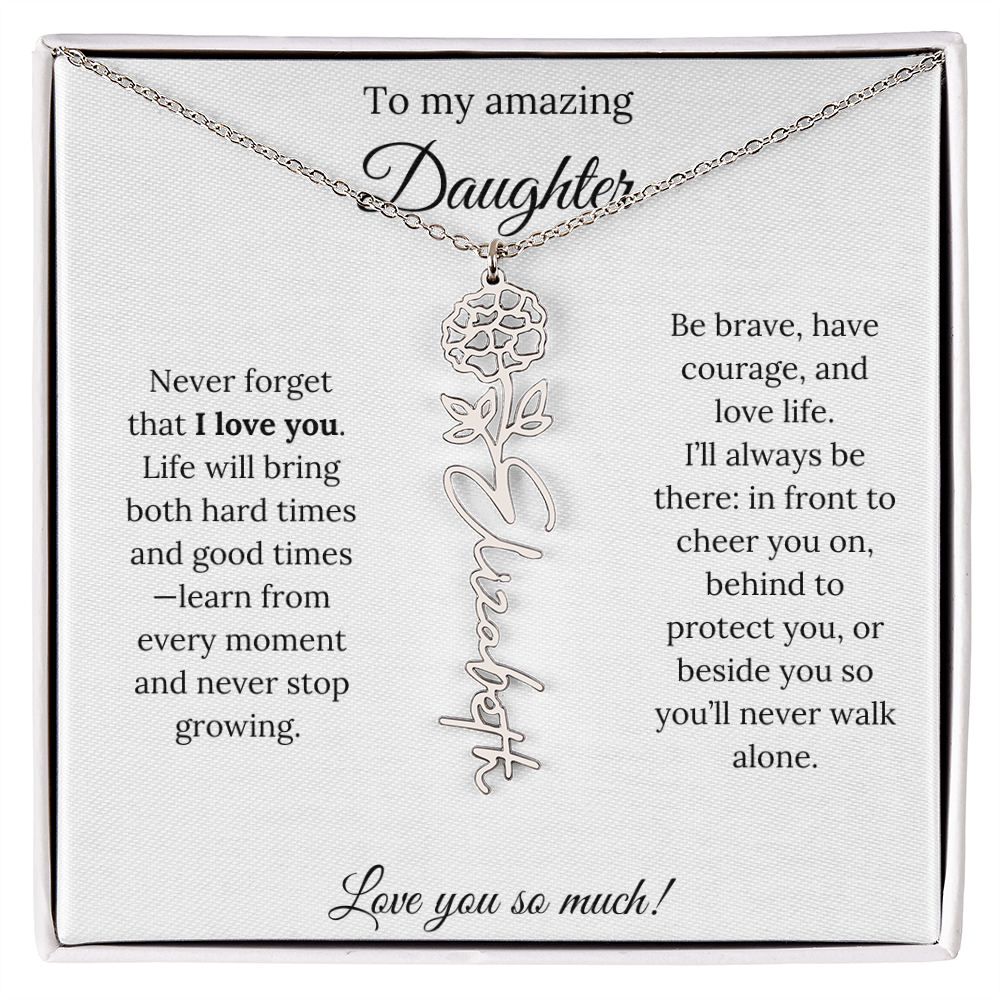 Personalized Daughter Necklace with Birth Flower Name & Inspiring Quote Card