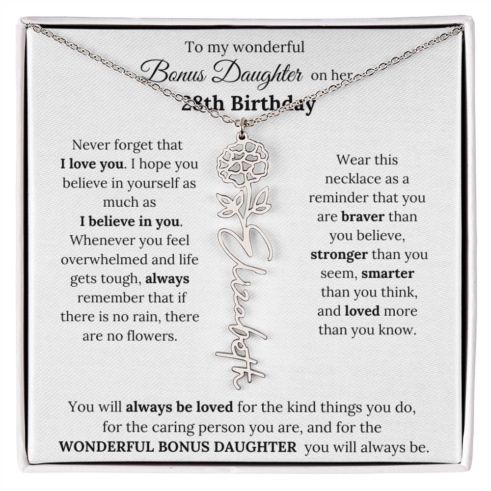 To My Wonderful Bonus Daughter On Her 28th Birthday | I Love You | Flower Name Necklace