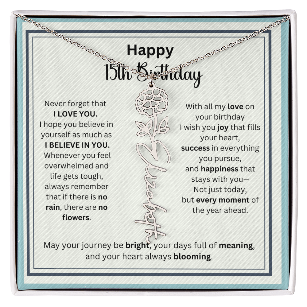 Personalized 15th Birthday Gift for Her - Birth Flower Necklace with Card