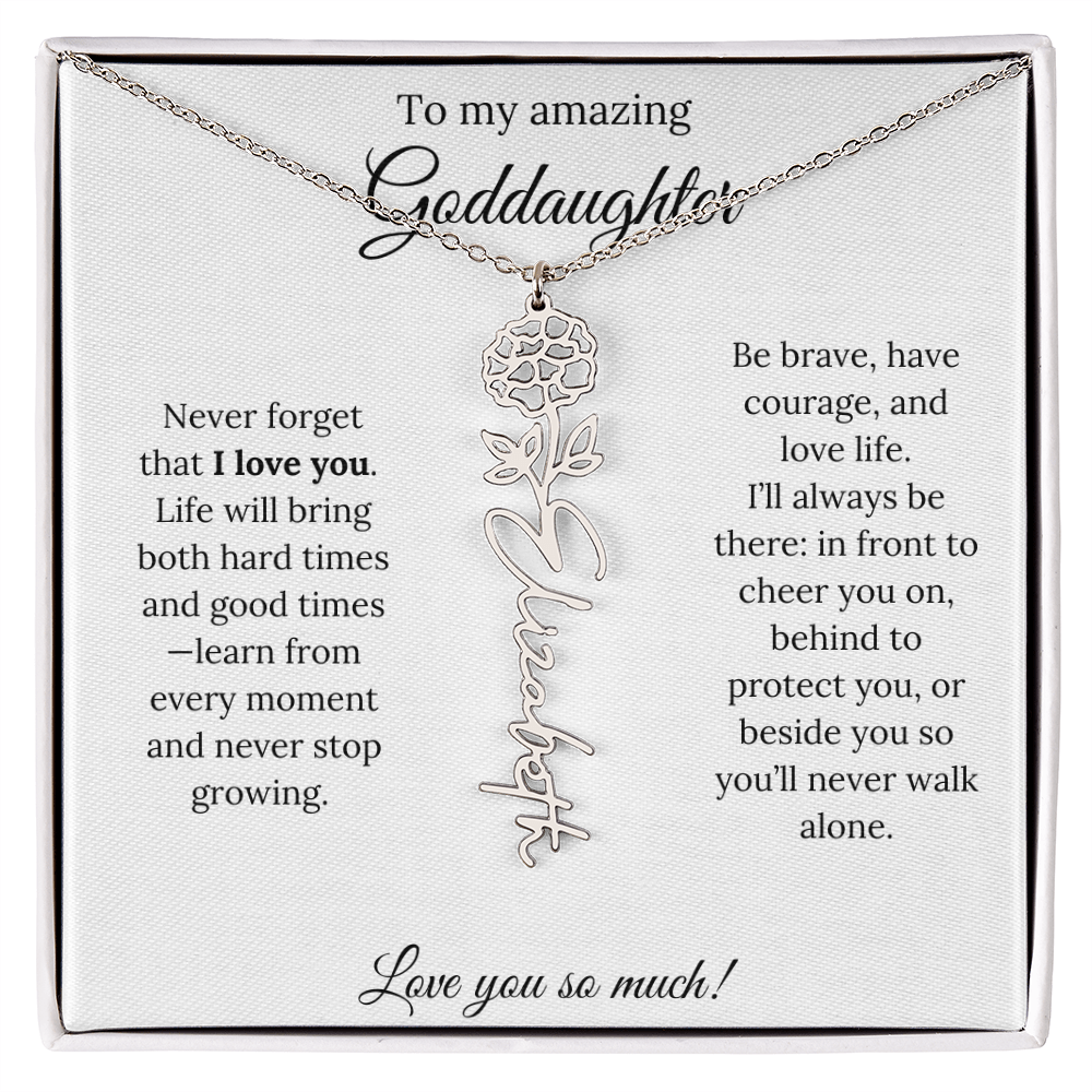 Never Forget I Love You Goddaughter Necklace – Personalized Birth Flower Jewelry + Quote Card Gift for Birthday