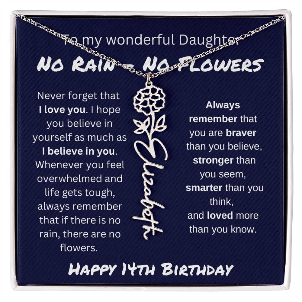 No Rain - No Flower | Happy 14th Birthday | Flower Name Necklace