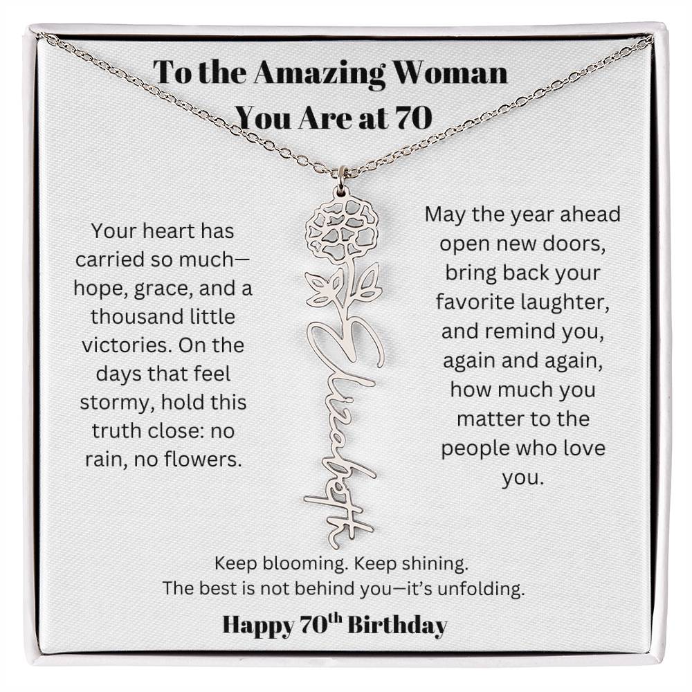 To The Amazing Woman | 70th Birthday Keepsake Jewelry | Flower Name Necklace