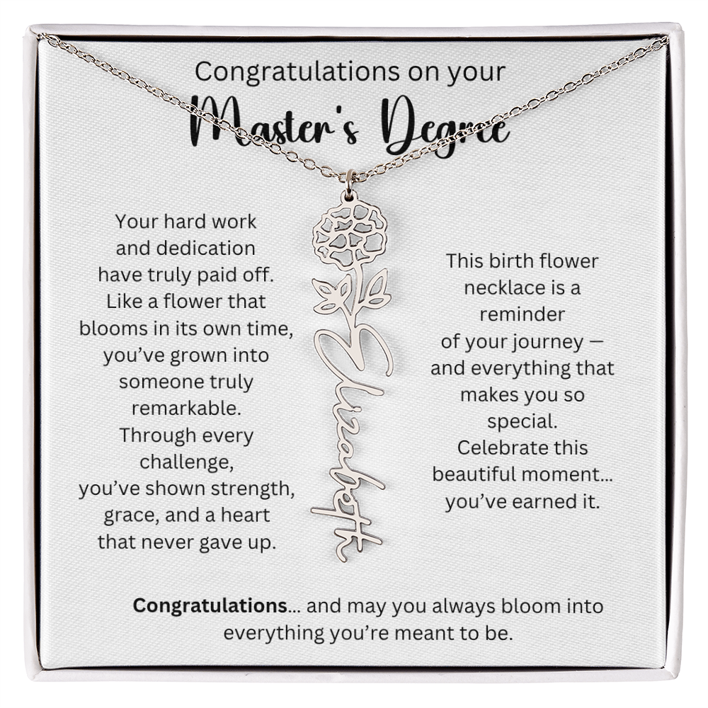 Personalized Masters Graduation Keepsake Gift - Birth Flower Name Necklace