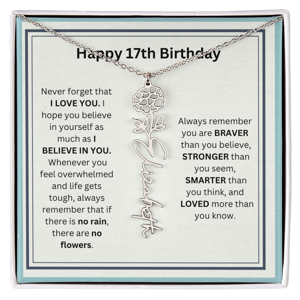 Personalized 17th Birthday Flower Name Necklace Gift