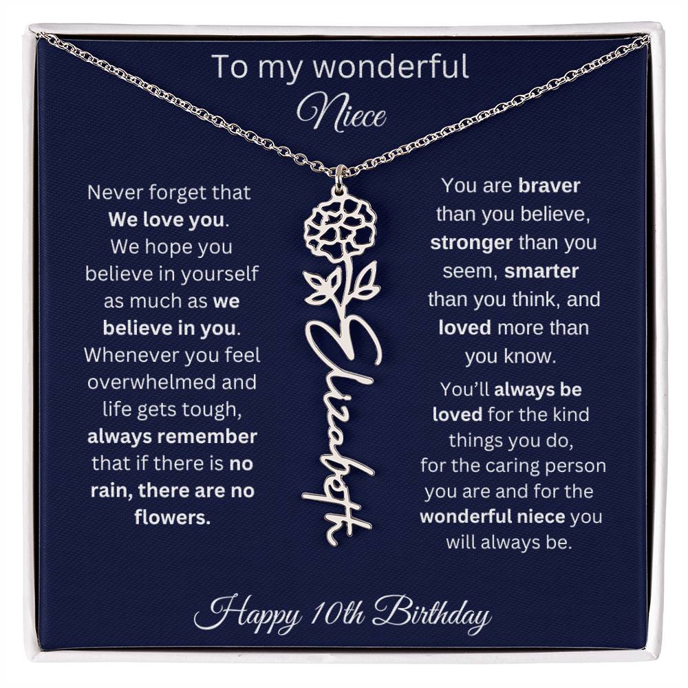 10th Birthday Gift For Niece - Personalized Birthmonth Flower Name Necklace