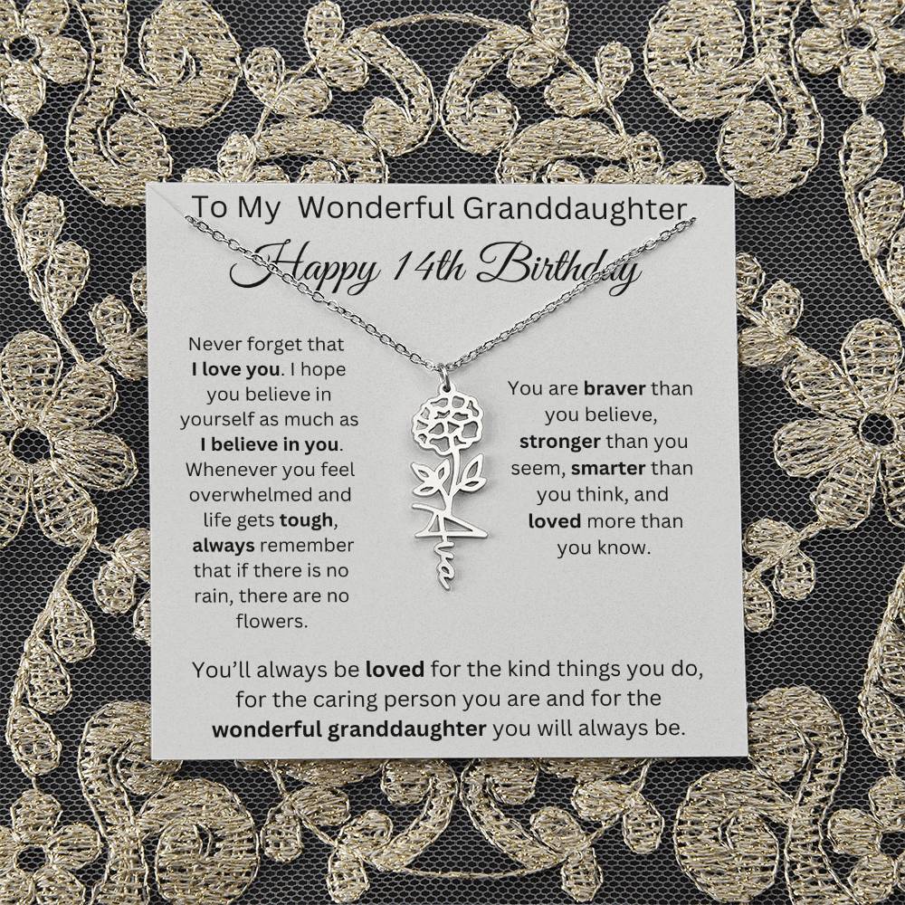To My Wonderful Granddaughter - Happy 14th Birthday - Flower Name Necklace