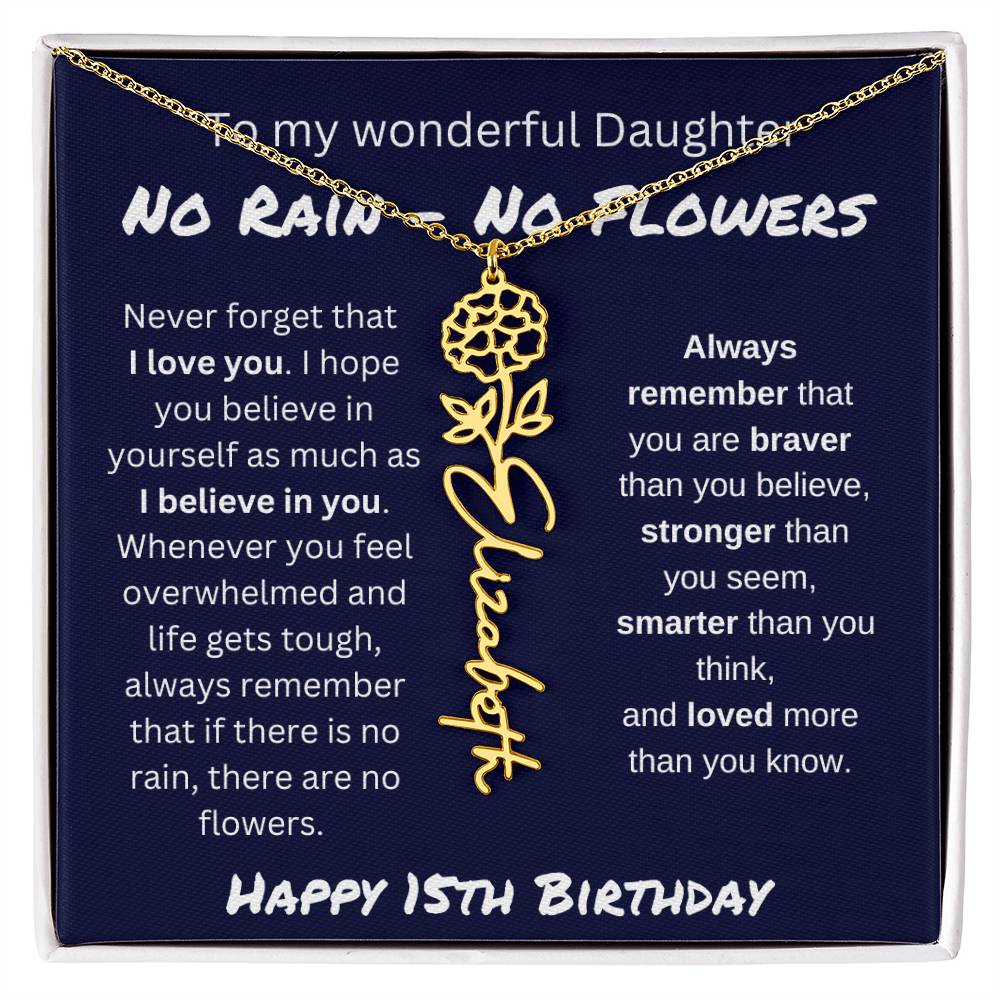 No Rain - No Flower | Happy 15th Birthday | Flower Name Necklace